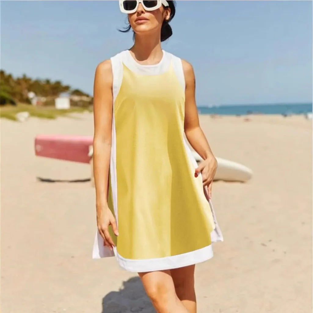 Women's Casual Color Block Sleeveless Tops Matching Shorts with Pockets